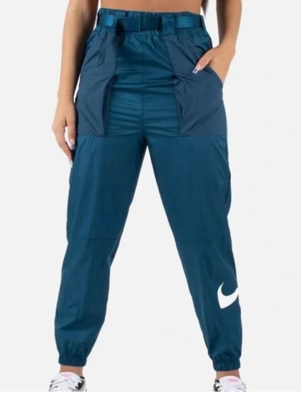 Nike Women's Teal and Dark Teal Track Joggers with White Swoosh